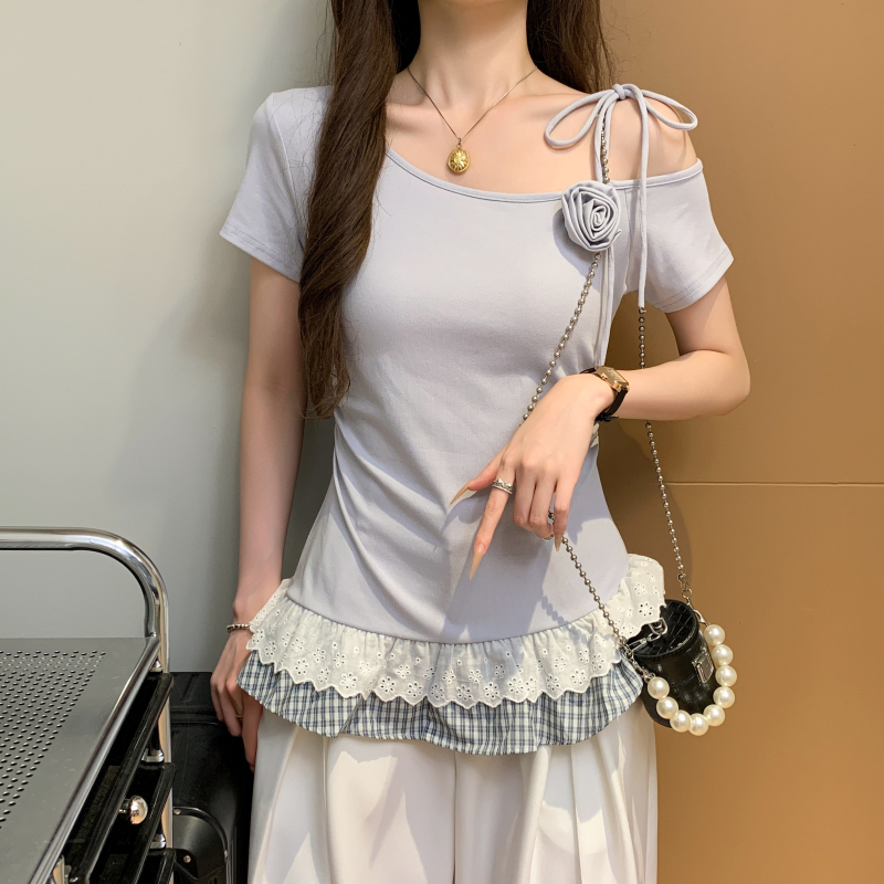 Sloping shoulder T-shirt lace tops for women