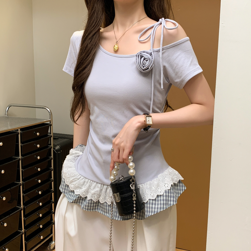 Sloping shoulder T-shirt lace tops for women