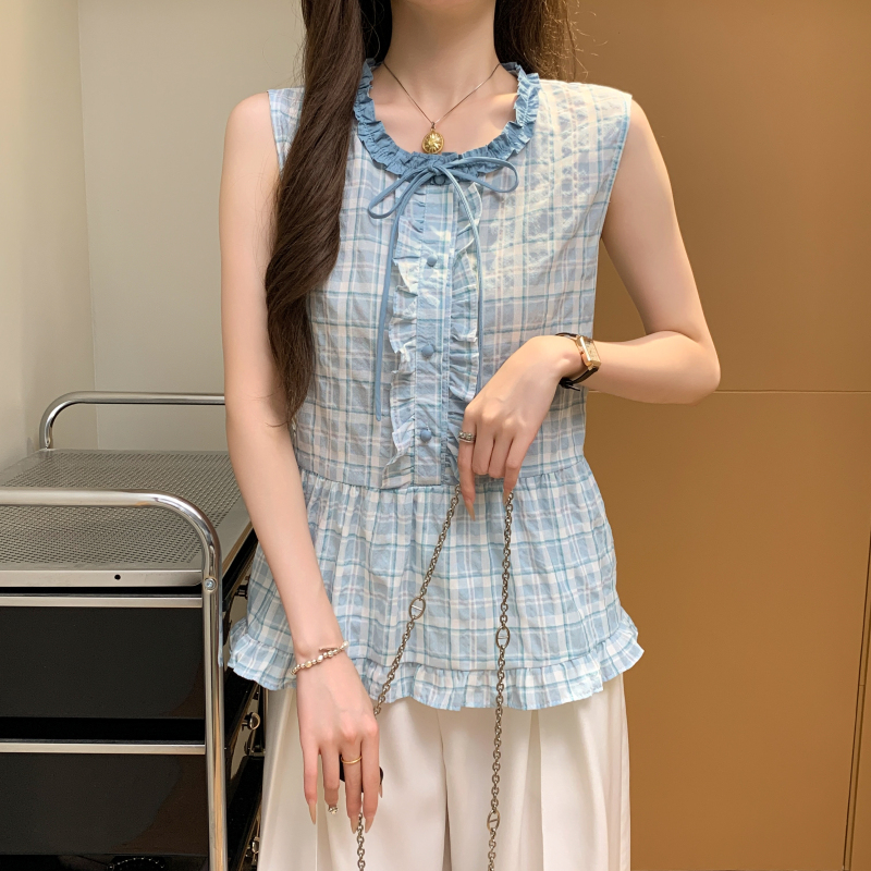 Sleeveless plaid unique tops fungus lace shirt for women
