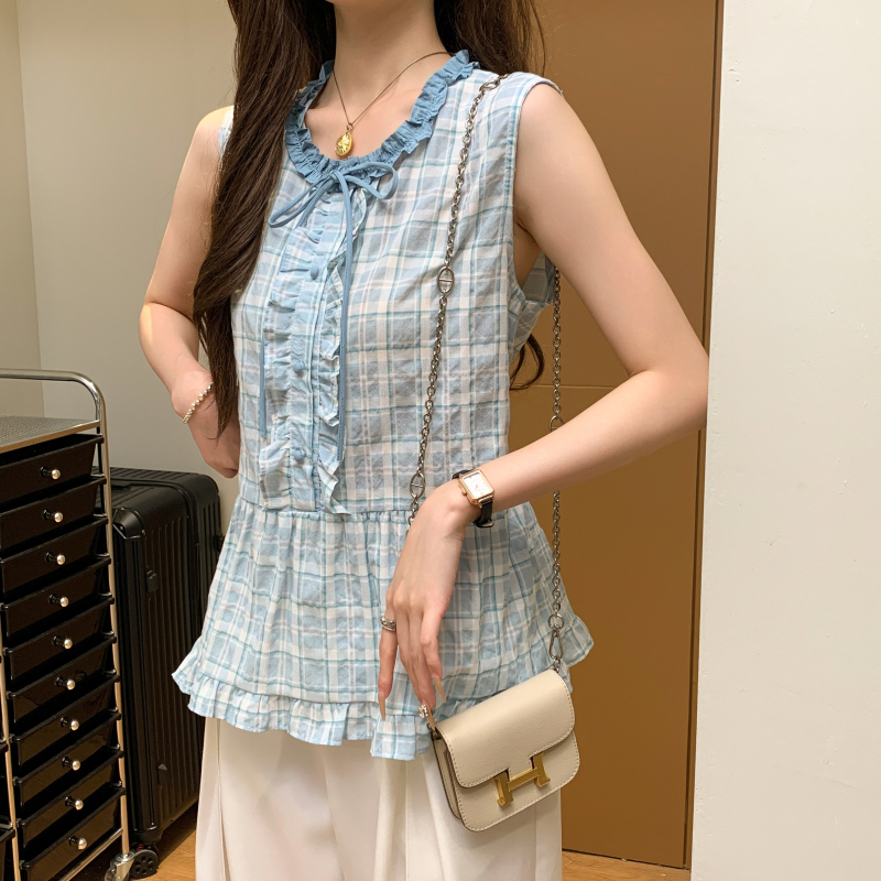 Sleeveless plaid unique tops fungus lace shirt for women