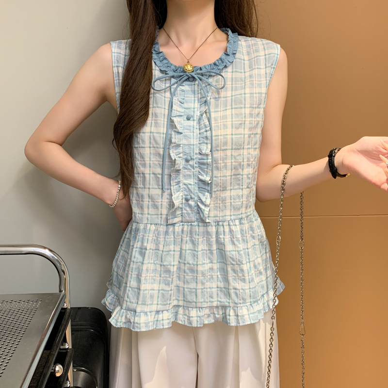 Sleeveless plaid unique tops fungus lace shirt for women