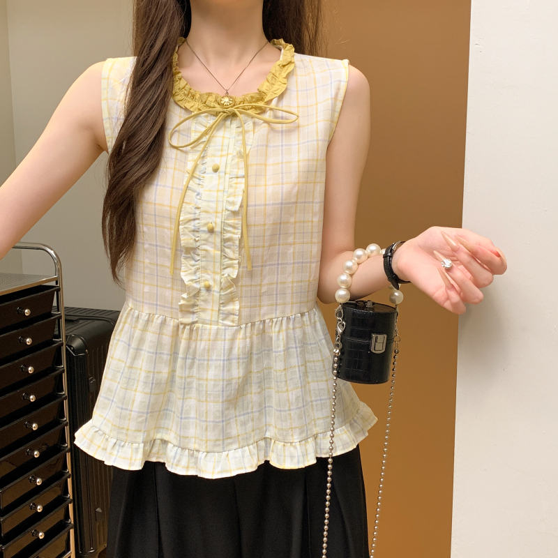 Sleeveless plaid unique tops fungus lace shirt for women