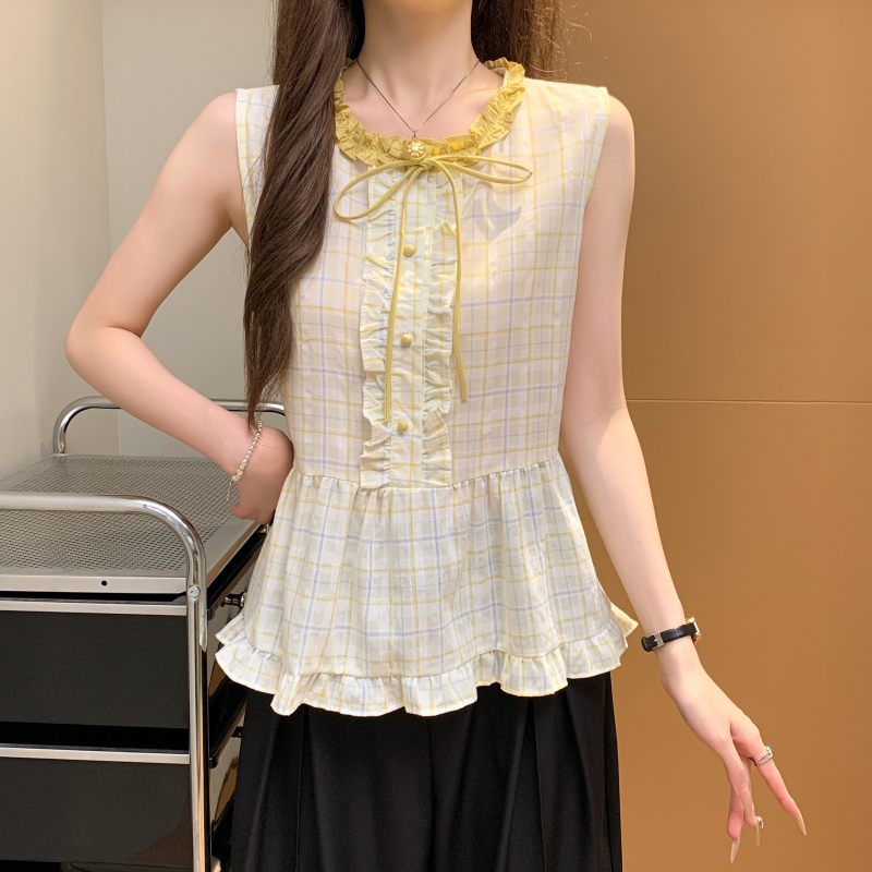 Sleeveless plaid unique tops fungus lace shirt for women