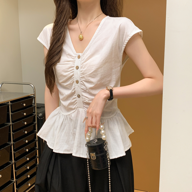 Fashion buckle shirt all-match slim tops for women