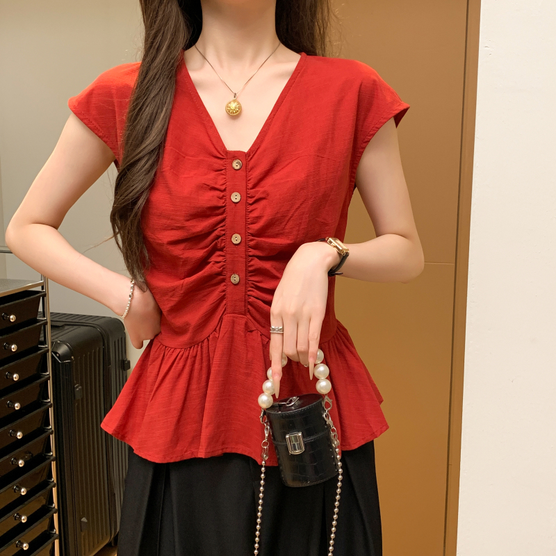 Fashion buckle shirt all-match slim tops for women
