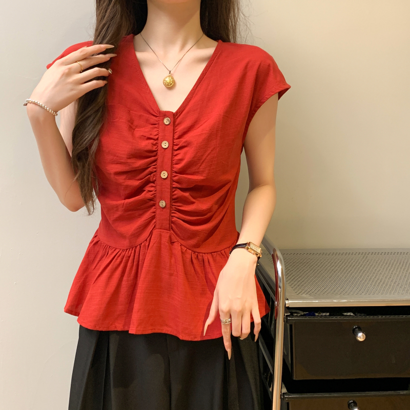 Fashion buckle shirt all-match slim tops for women