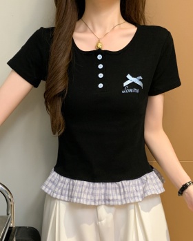 Simple plaid tops round neck mixed colors T-shirt