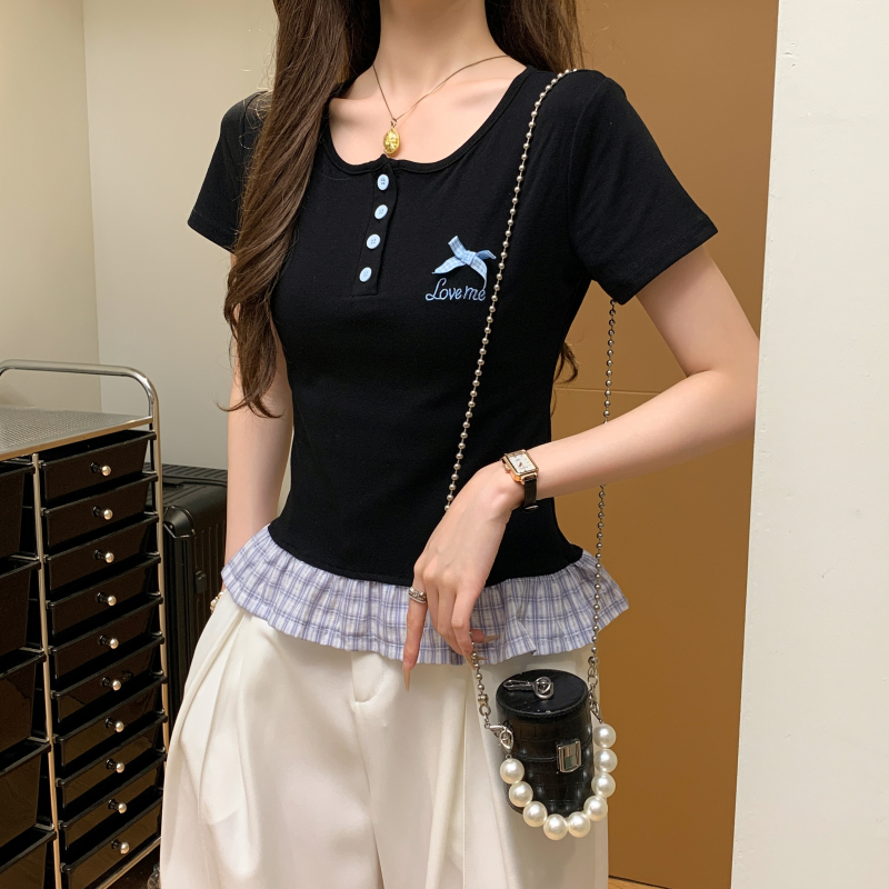Simple plaid tops round neck mixed colors T-shirt