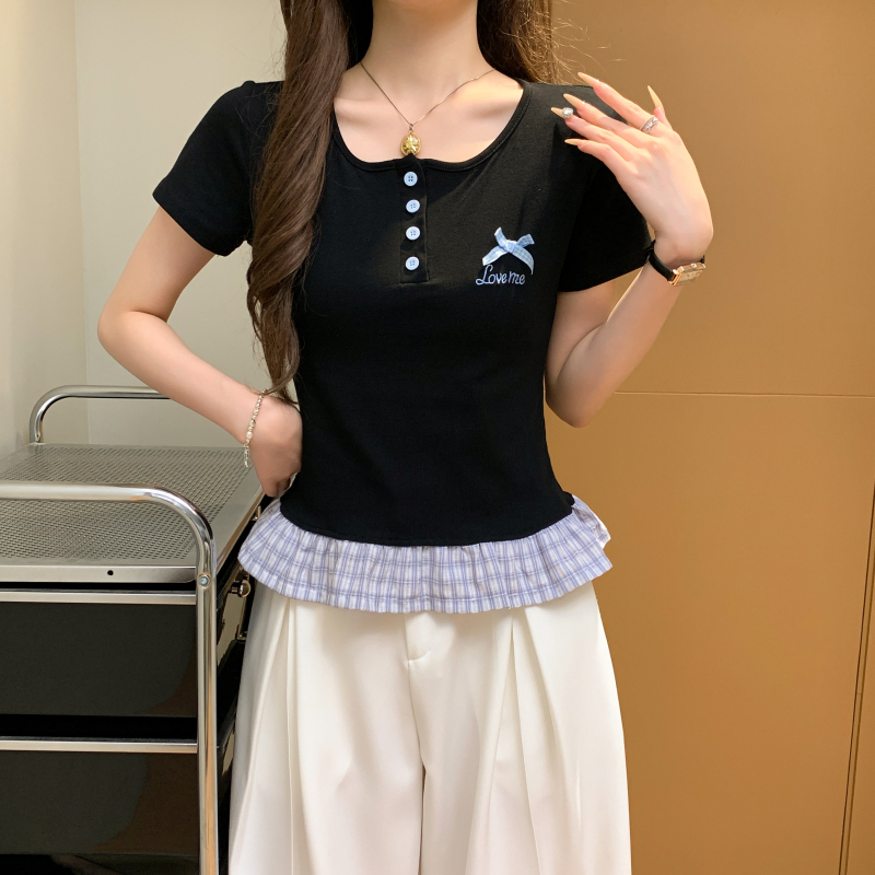 Simple plaid tops round neck mixed colors T-shirt