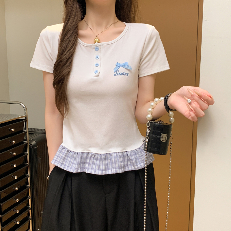 Simple plaid tops round neck mixed colors T-shirt