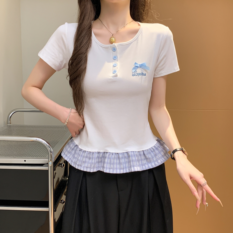 Simple plaid tops round neck mixed colors T-shirt