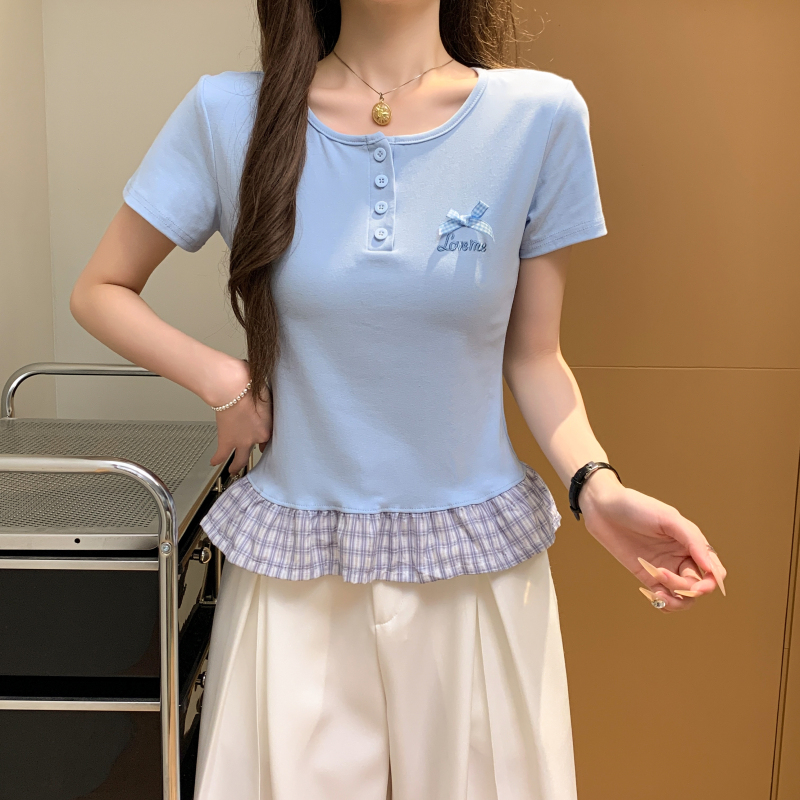 Simple plaid tops round neck mixed colors T-shirt