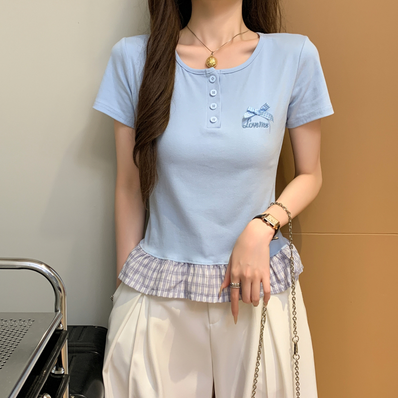 Simple plaid tops round neck mixed colors T-shirt
