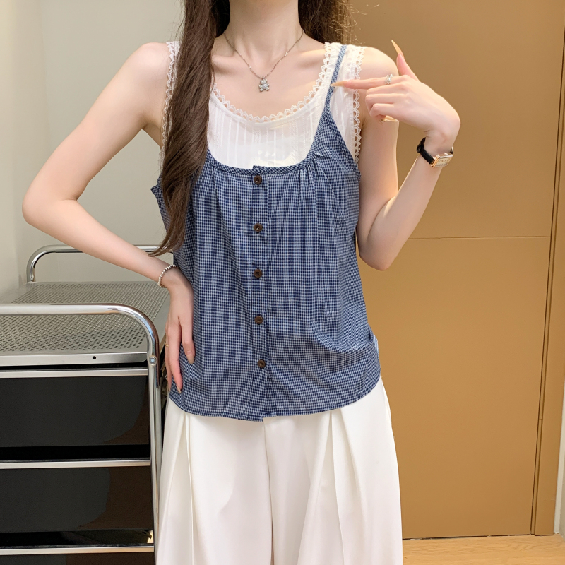 Plaid sling tops Korean style summer vest 2pcs set for women