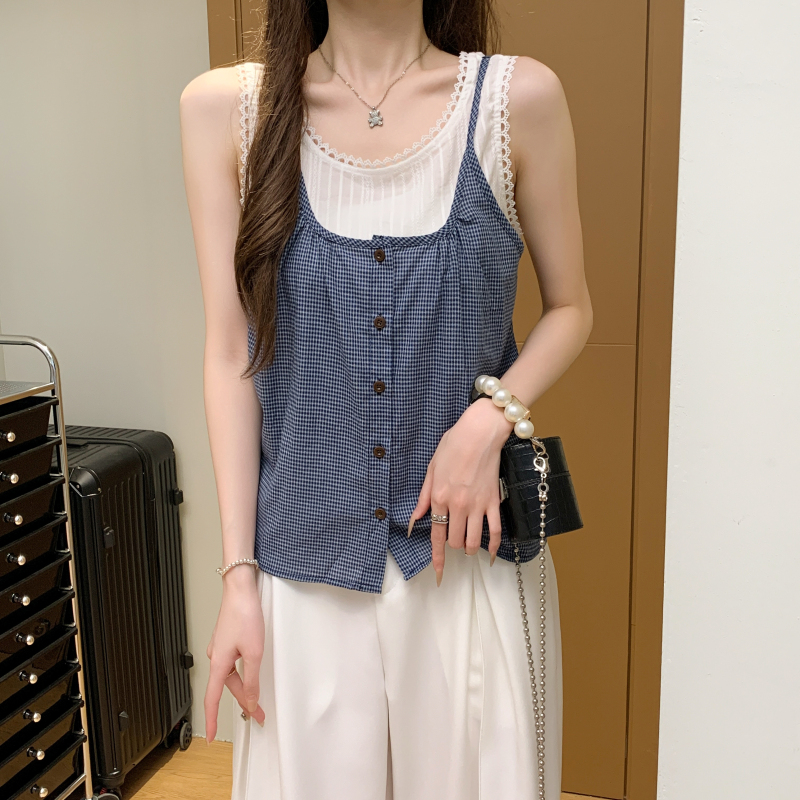 Plaid sling tops Korean style summer vest 2pcs set for women