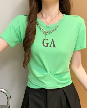 Pure cotton slim niche printing pinched waist T-shirt