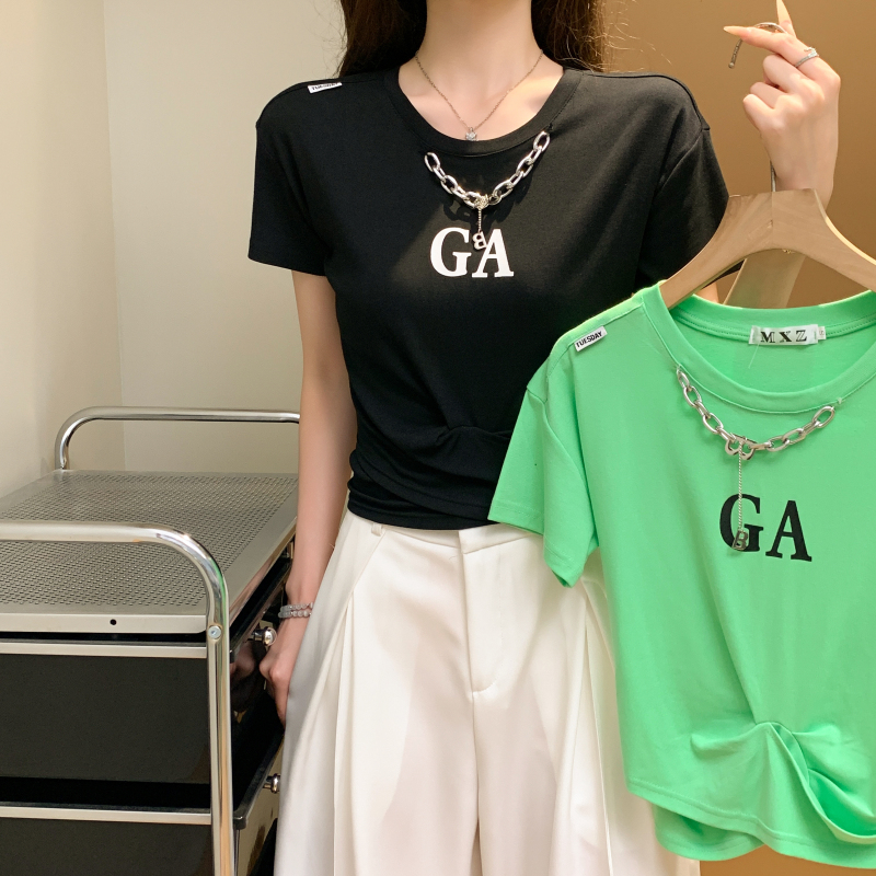 Pure cotton slim niche printing pinched waist T-shirt