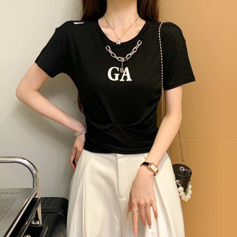Pure cotton slim niche printing pinched waist T-shirt