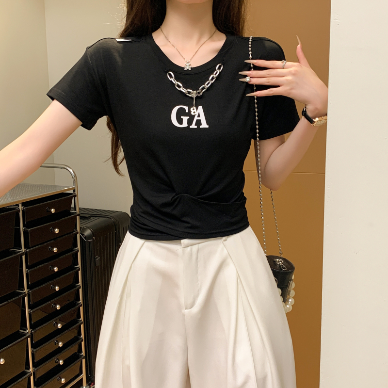 Pure cotton slim niche printing pinched waist T-shirt