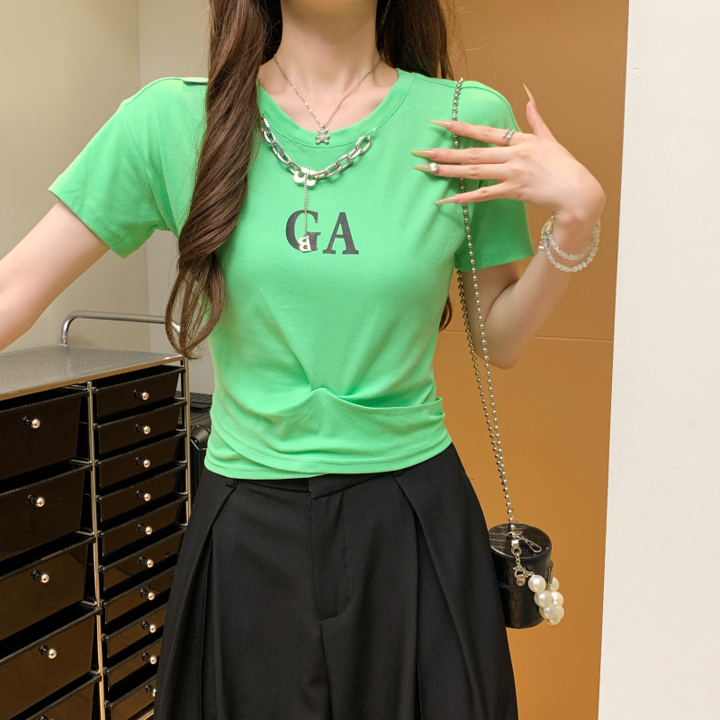 Pure cotton slim niche printing pinched waist T-shirt