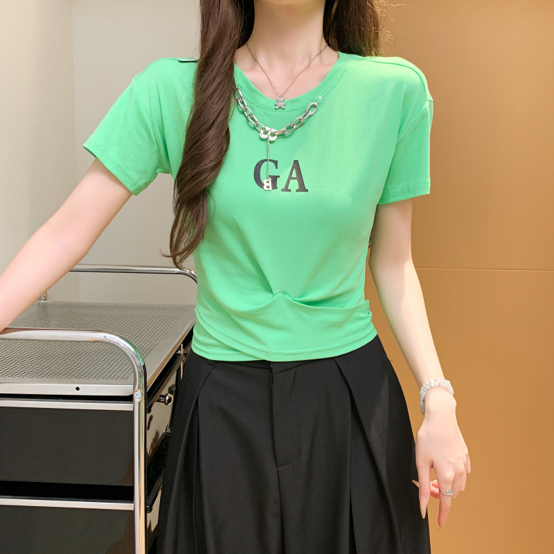 Pure cotton slim niche printing pinched waist T-shirt