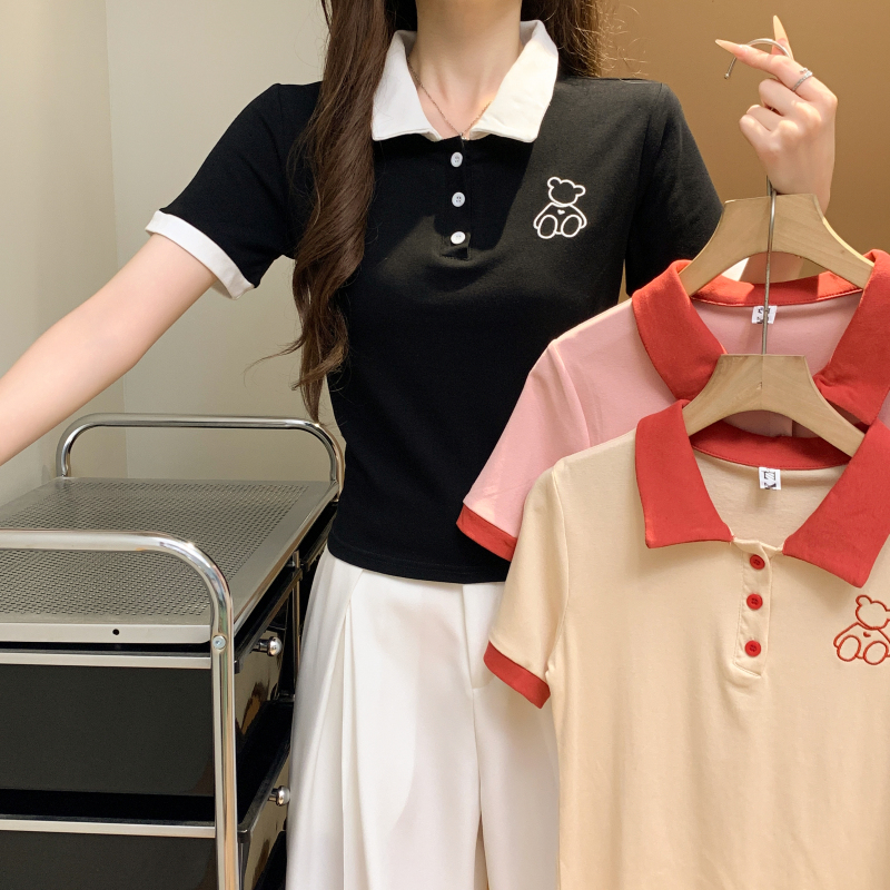 Summer lapel short sleeve embroidery niche short T-shirt