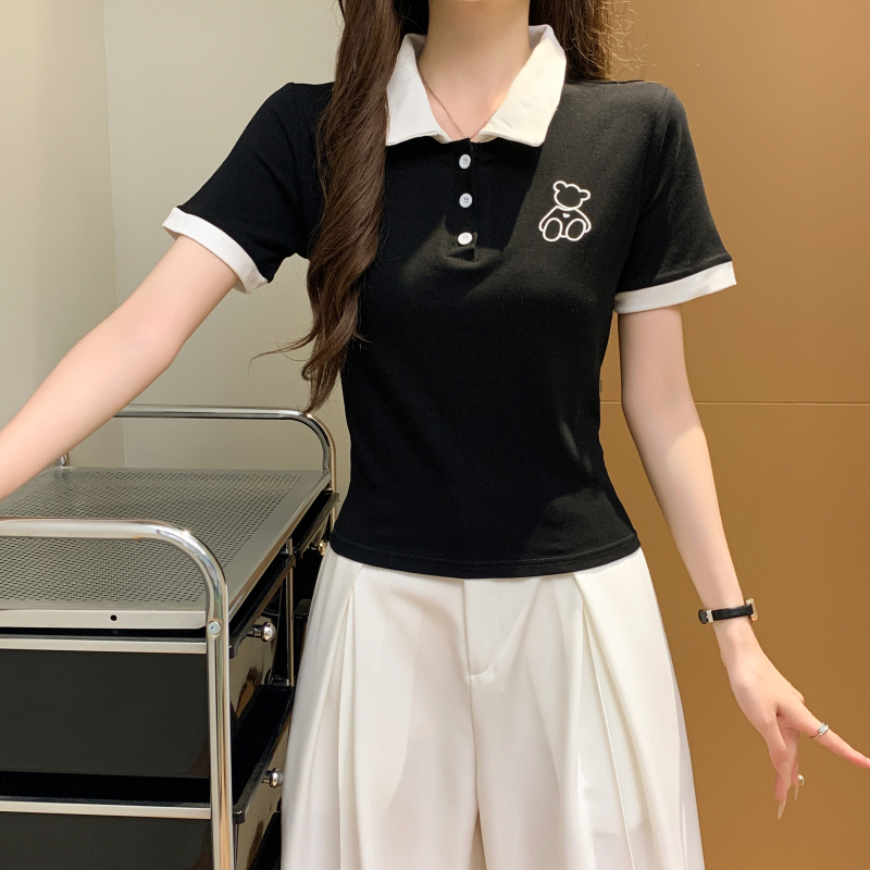 Summer lapel short sleeve embroidery niche short T-shirt