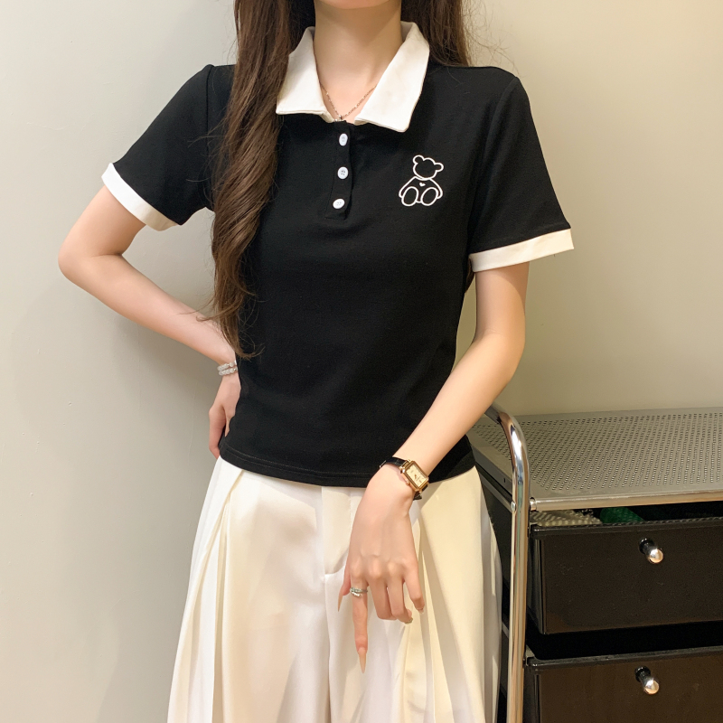 Summer lapel short sleeve embroidery niche short T-shirt
