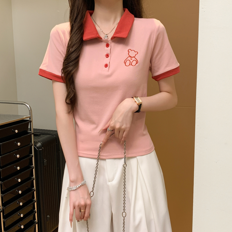 Summer lapel short sleeve embroidery niche short T-shirt
