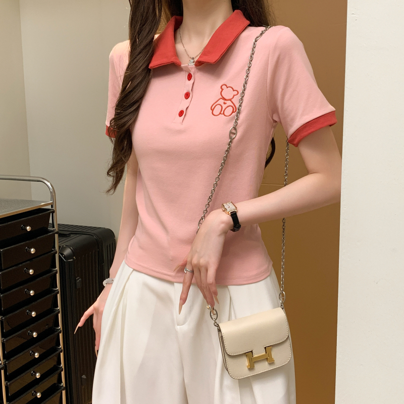 Summer lapel short sleeve embroidery niche short T-shirt