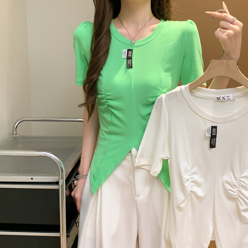 Split pure tops pinched waist T-shirt for women