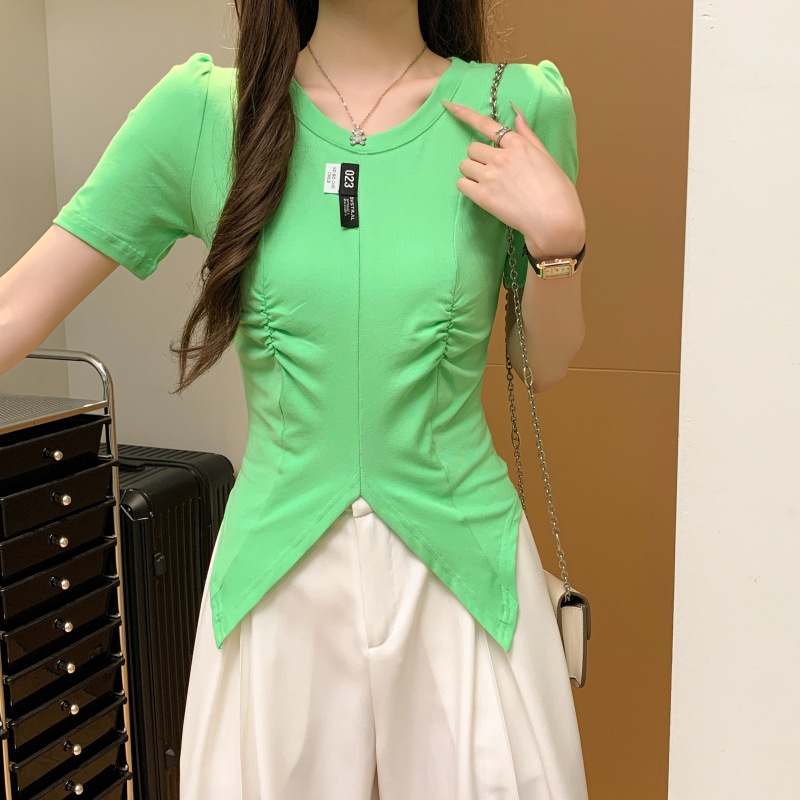 Split pure tops pinched waist T-shirt for women