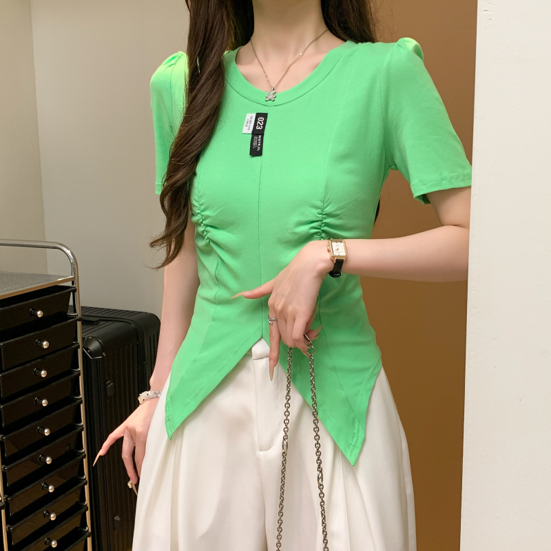 Split pure tops pinched waist T-shirt for women