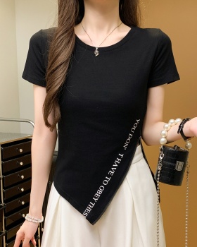 Zip summer split tops slim pure cotton T-shirt