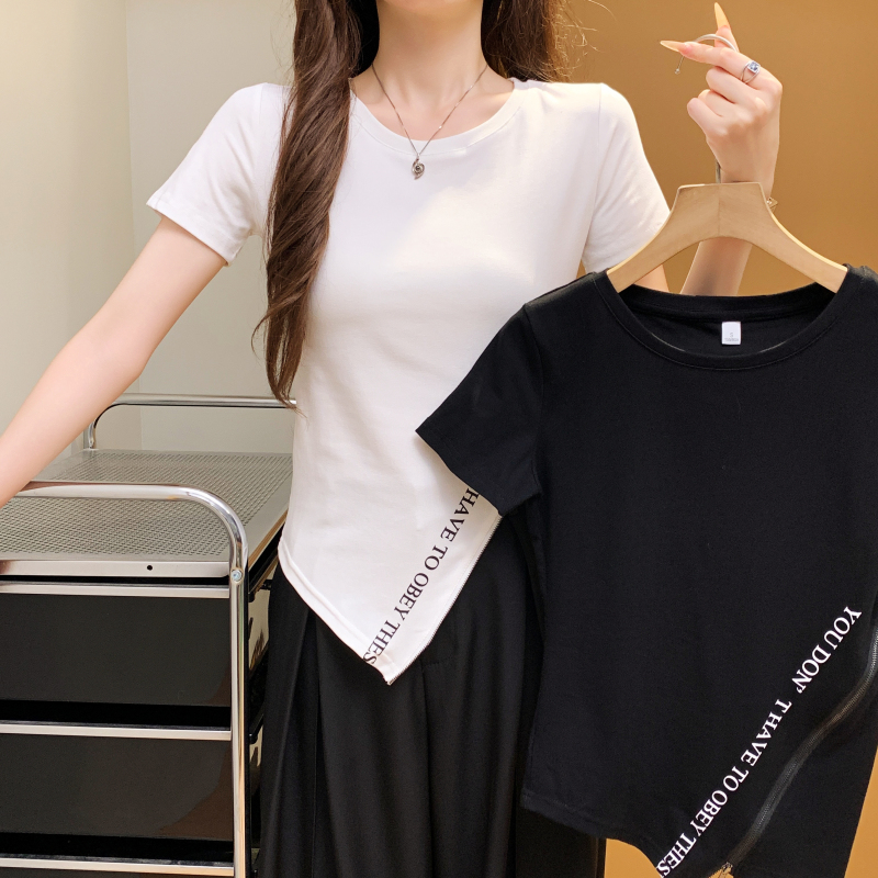 Zip summer split tops slim pure cotton T-shirt
