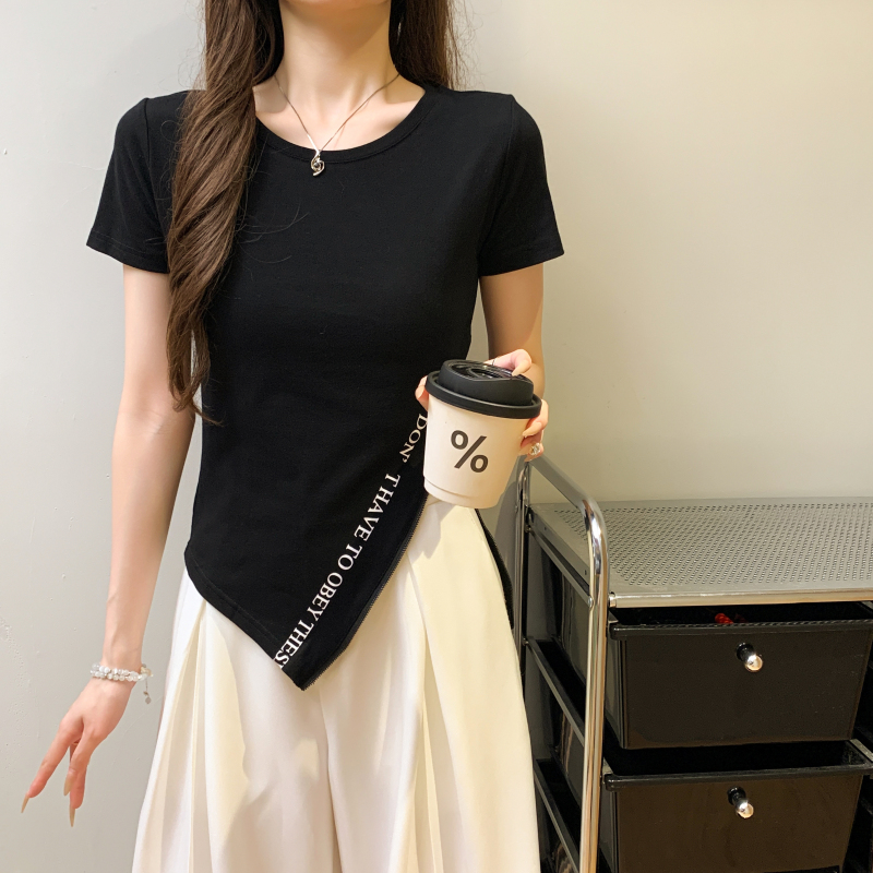 Zip summer split tops slim pure cotton T-shirt
