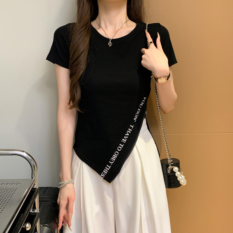 Zip summer split tops slim pure cotton T-shirt