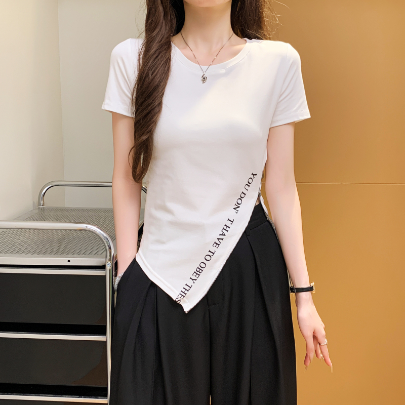 Zip summer split tops slim pure cotton T-shirt