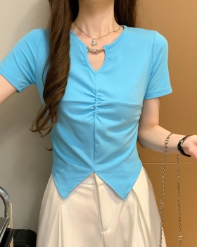 Split short sleeve T-shirt V-neck tops for women