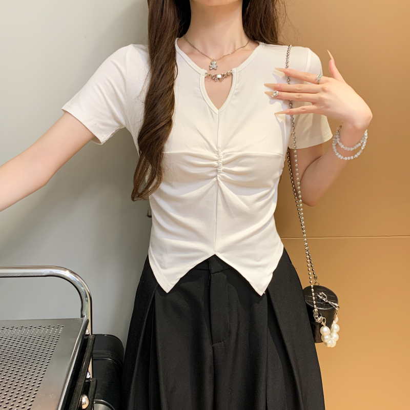 Split short sleeve T-shirt V-neck tops for women