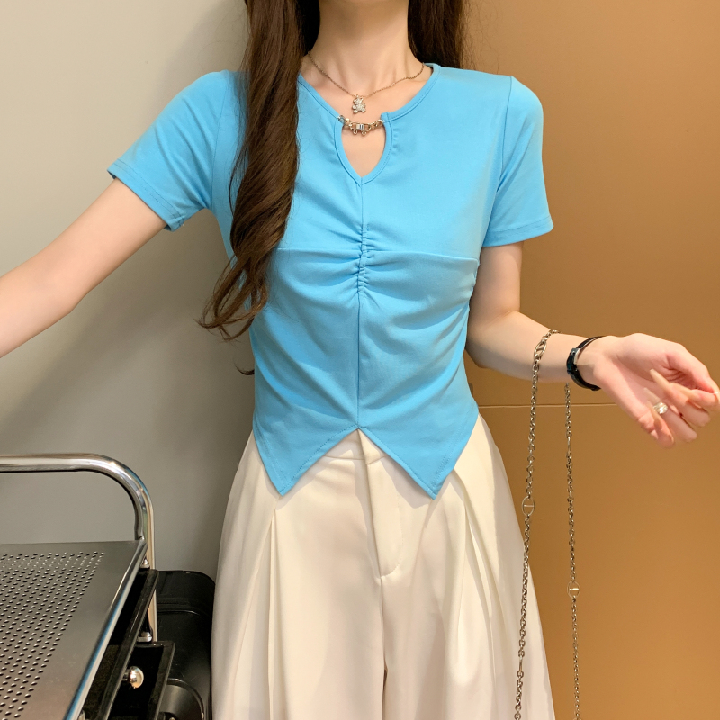 Split short sleeve T-shirt V-neck tops for women