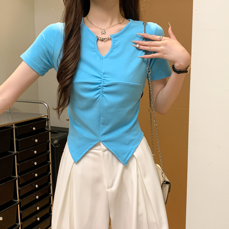 Split short sleeve T-shirt V-neck tops for women