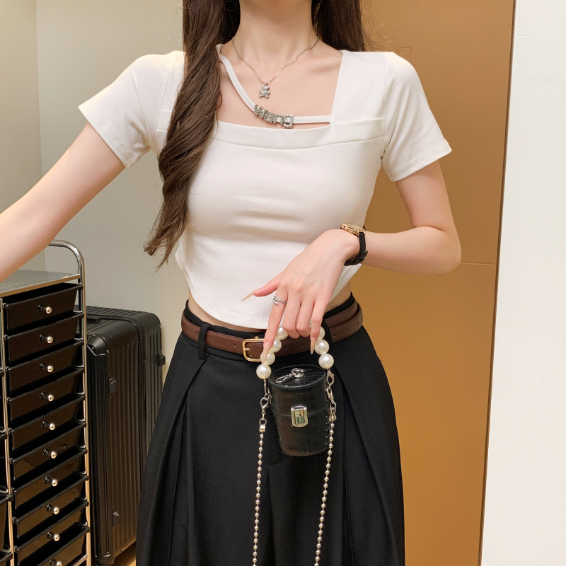 Pure cotton slim T-shirt clavicle pure tops for women