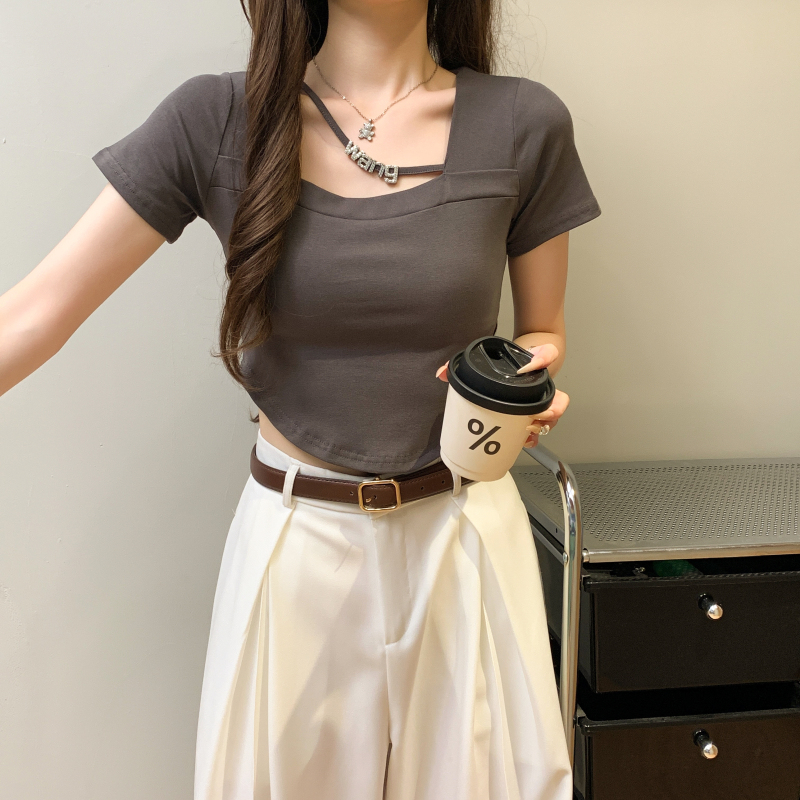 Pure cotton slim T-shirt clavicle pure tops for women