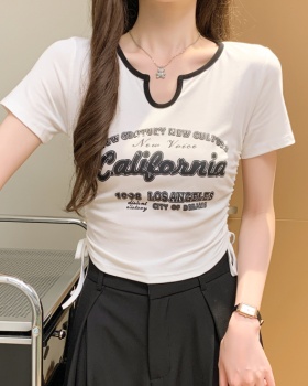 Short slim printing tops short sleeve V-neck T-shirt for women