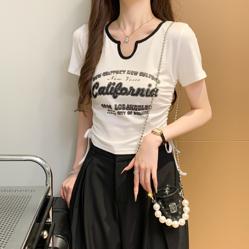 Short slim printing tops short sleeve V-neck T-shirt for women