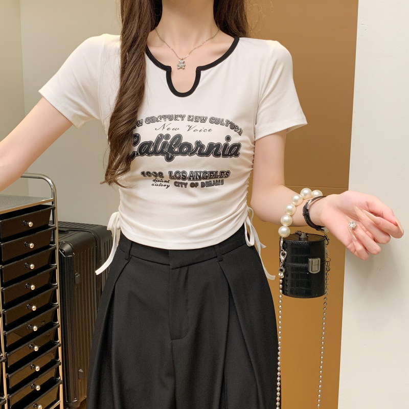 Short slim printing tops short sleeve V-neck T-shirt for women