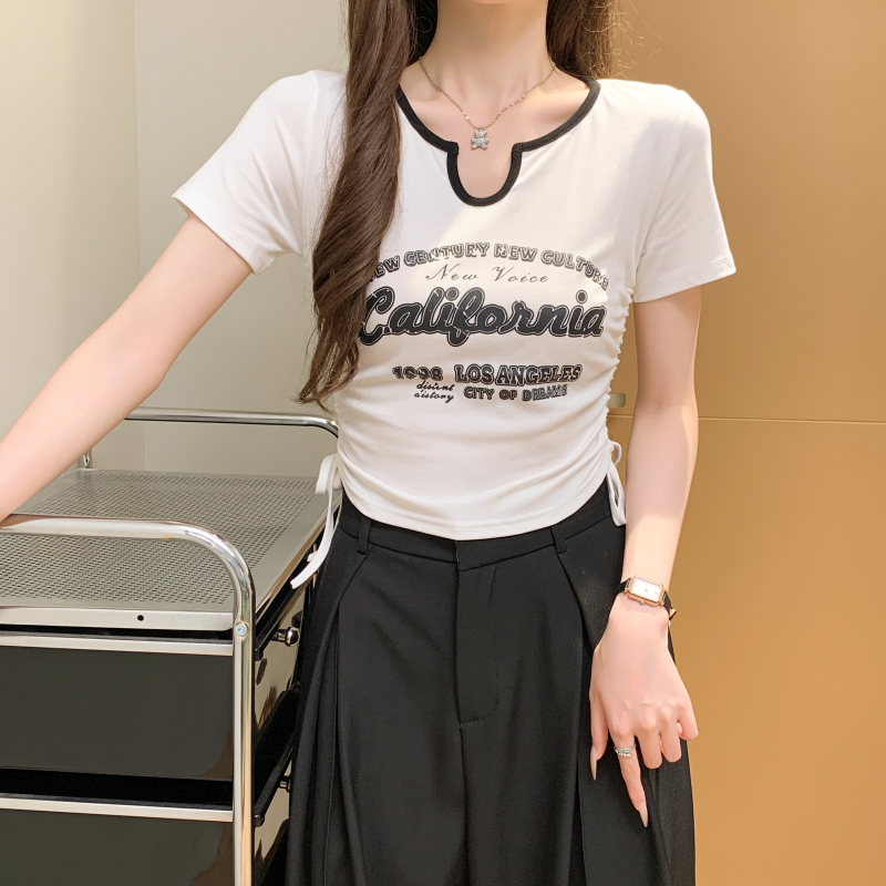 Short slim printing tops short sleeve V-neck T-shirt for women