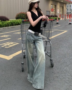 Stereoscopic lace vest wide leg stitching jeans for women
