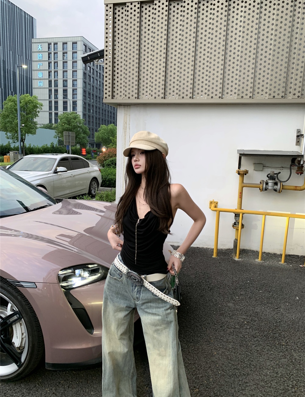 Stereoscopic lace vest wide leg stitching jeans for women